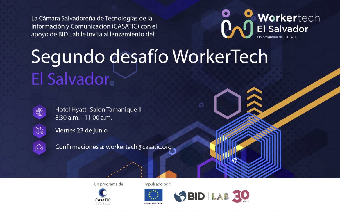 Con el apoyo de <a href="/idb_lab/">IDB Lab</a>, <a href="/CASATIC_SV/">CASATIC</a> y <a href="/UEenElSalvador/">Unión Europea en El Salvador</a> lanzamos el Segundo Desafío #WorkerTech para promover innovaciones que mejoren la protección social y derechos de trabajadores independientes, especialmente de las #mujeres. Postula: desafioworkertech.casatic.org
