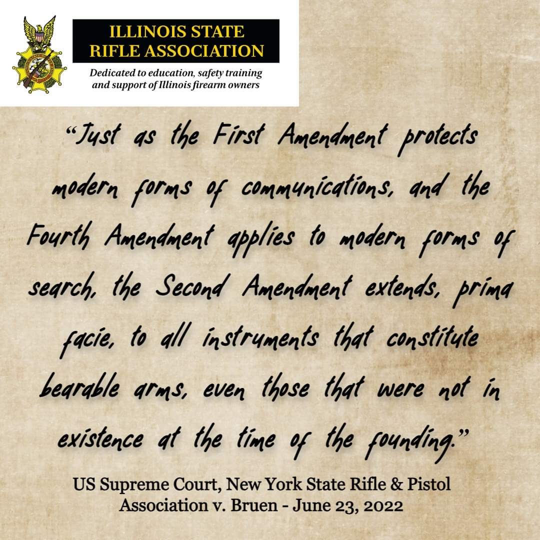 ISRA's tweet photo. Today is the anniversary of Bruen. The Supreme Court has made it clear that modern sporting arms are protected by the 2nd Amendment. The ISRA continues to fight in Federal Court against the recent Illinois ban on these firearms. #2A4All #2a #shallnotbeinfringed https://t.co/vNDRuhQeTK