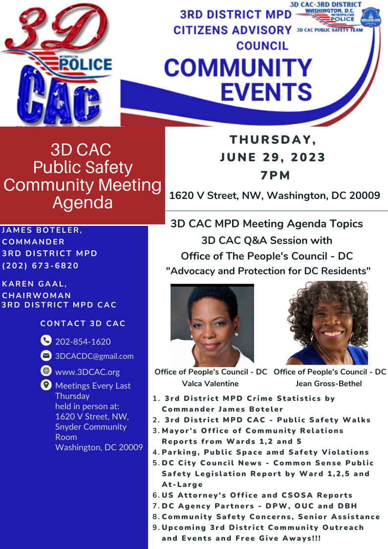 3DCACDC's tweet photo. Greetings Neighbors, Please find attached the June 29, 2023 3D MPD CAC Public Safety Areas Leaders Community Meeting held at 7pm. We will have a robust discussion on critical Public Safety concerns https://t.co/OOVHIE6DKi 3D MPD Station 1620 V Street NW 
@3DCACDC https://t.co/TtVzo40fhN