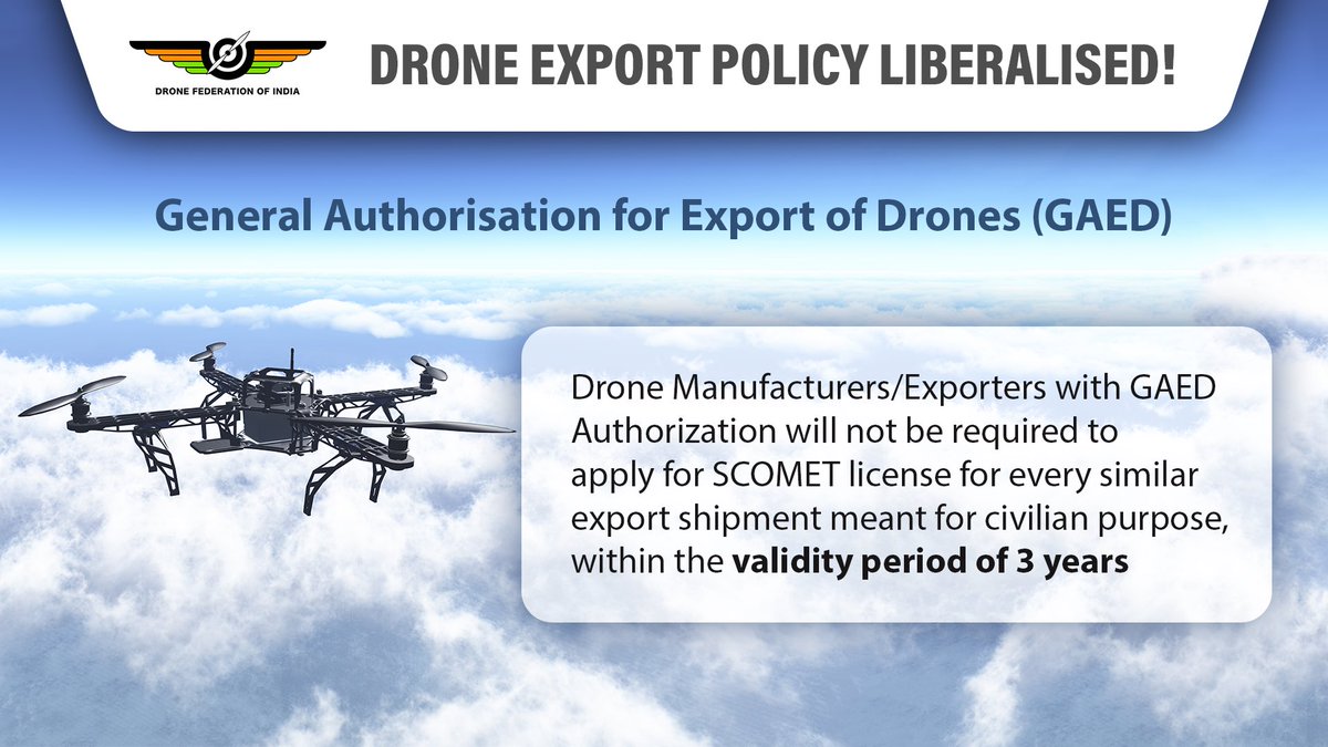 dronefed's tweet image. @dgftindia has liberalized #drone #exports, promoting the industry growth. Drones meeting specific criteria for civilian use are now subject to #GAED, reducing compliance and easing #exports. 

@PiyushGoyal @JM_Scindia