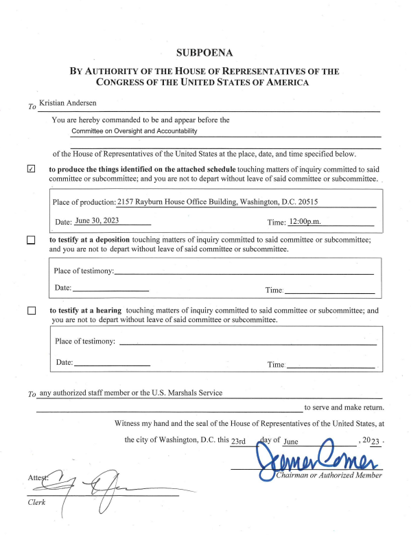 🚨SUBPOENA ALERT🚨

<a href="/COVIDSelect/">Select Subcommittee on the Coronavirus Pandemic</a> announces its FIRST subpoena for “Proximal Origins” author Kristian Andersen’s private communications with the paper's co-authors &amp; related info on COVID-19 origins.

We are following the breadcrumbs of a COVID cover-up straight to the source!