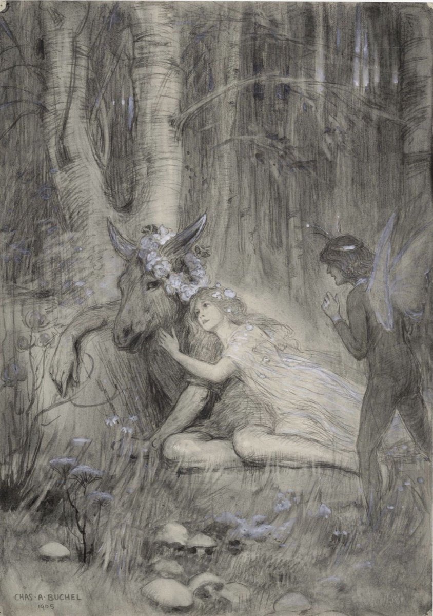 When in that moment, so it came to pass,
Titania waked and straightway loved an ass. 
~A Midsummer Night's Dream
Act 3 Sc 2
#Shakespeare 
#BookChatWeekly

🎨Charles A Buchel 1905