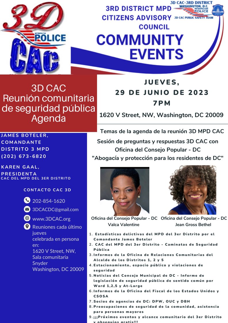 3DCACDC's tweet photo. Greetings Neighbors, Please find attached the June 29, 2023 3D MPD CAC Public Safety Areas Leaders Community Meeting held at 7pm. We will have a robust discussion on critical Public Safety concerns https://t.co/OOVHIE6DKi 3D MPD Station 1620 V Street NW 
@3DCACDC https://t.co/TtVzo40fhN