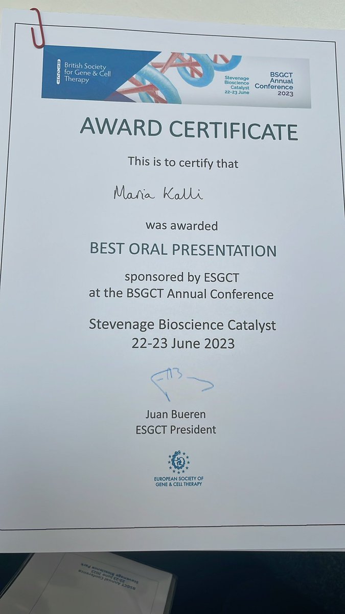 Celebrating #INWED2023 by winning the award for best oral presentation at my first cell and gene therapy conference today! 

Many thanks to @_BSGCT for selecting @MicrofluidX to share our exciting technology and @ESGCT for sponsoring the award!

#INWED #CGT #presentation #award