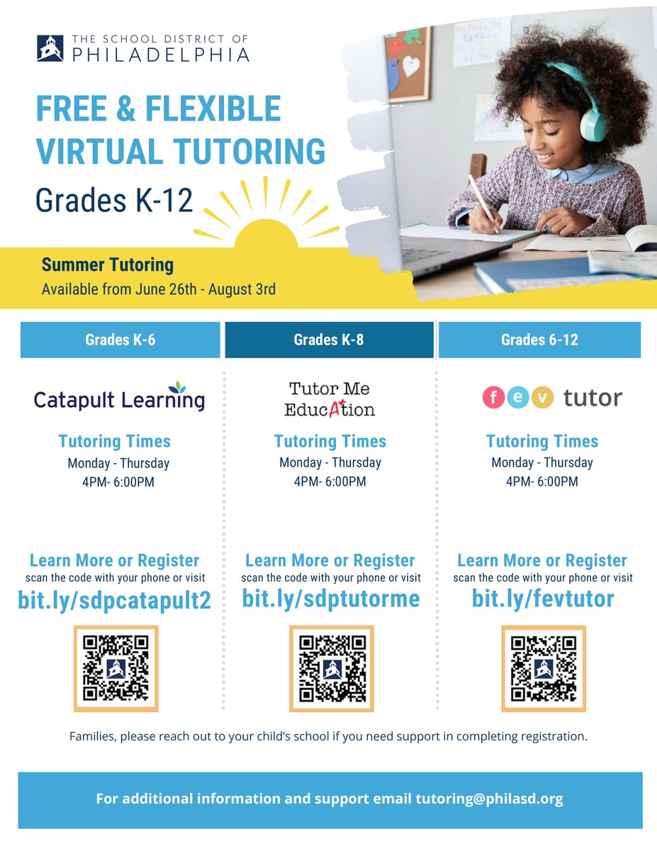 Need extra support this summer? Take advantage of the District’s free centralized tutoring program from June 26 to Aug. 3. This program supports Math, English, Science, Social Studies, and test prep for Keystone, PSSA, ACT, SAT,  and PSAT. Learn more bit.ly/3CGmLSz.