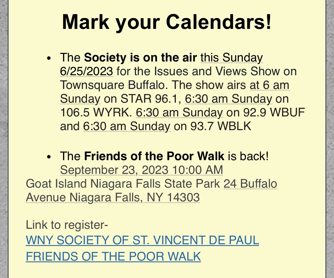 Upcoming events for SVdP for you to check out! #svdp #svdpwny #events #charity #markyourcalendar #Calendar