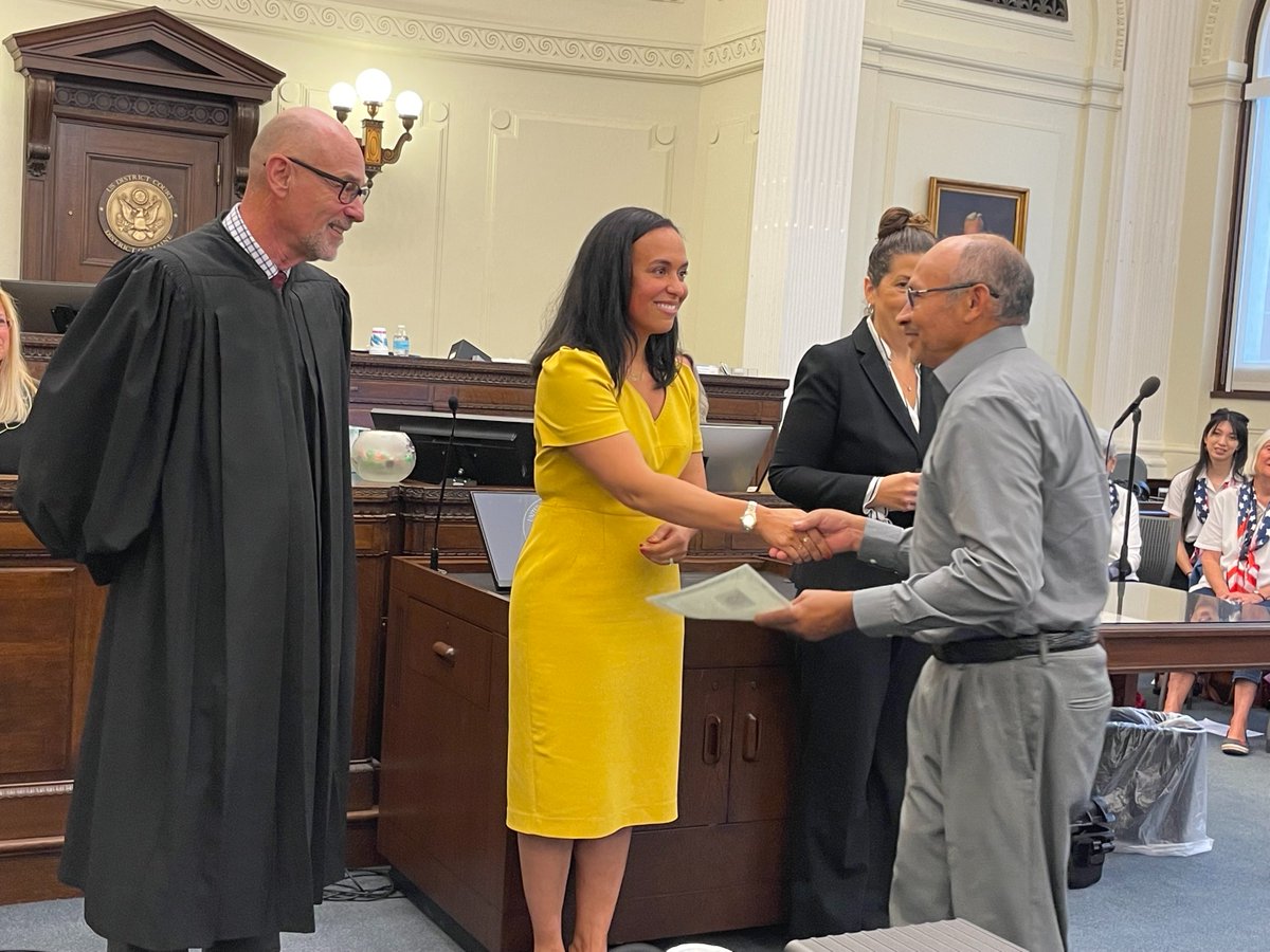 USCIS's tweet image. In celebration of #Juneteenth2023, USCIS joined @DHSgov Deputy Chief of Staff Kay Fallon in welcoming 33 #NewUSCitizens during a special naturalization ceremony at the Edward T. Gignoux U.S. Courthouse in Portland, Maine. Congratulations to all!