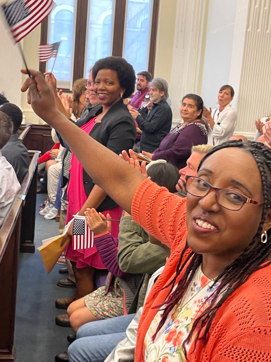 USCIS's tweet image. In celebration of #Juneteenth2023, USCIS joined @DHSgov Deputy Chief of Staff Kay Fallon in welcoming 33 #NewUSCitizens during a special naturalization ceremony at the Edward T. Gignoux U.S. Courthouse in Portland, Maine. Congratulations to all!