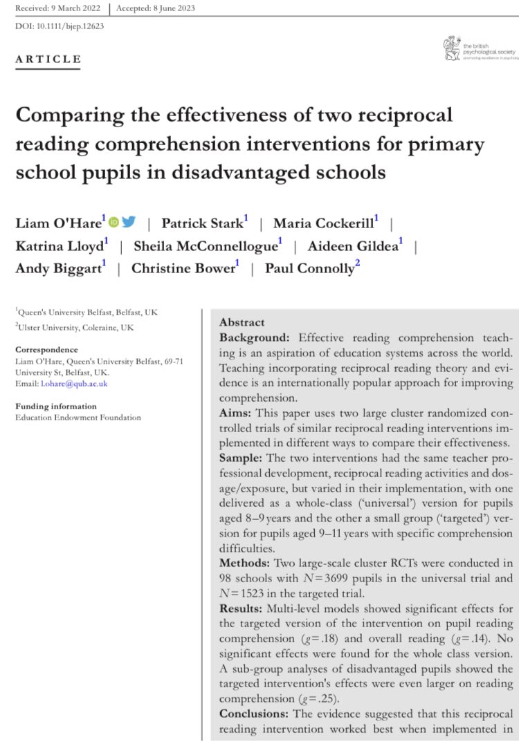⭐️New paper day⭐️ Enjoyed working on this project drawing on #implementationscience, #education and #psychology to publish two large scale RCTs of interventions to improve literacy for children in 98 schools with high levels of socioeconomic disadvantage bpspsychub.onlinelibrary.wiley.com/doi/full/10.11…