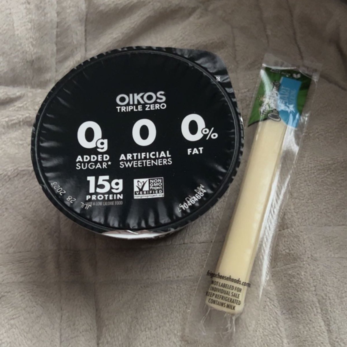 joysspo's tweet photo. greek yogurt and cheese stick https://t.co/pQdnCAyAuc