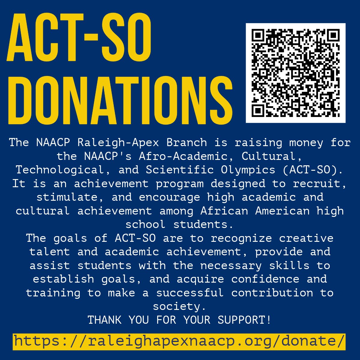 We are accepting donations for ACT-SO, please consider donating if you are able! Thank you for your support!