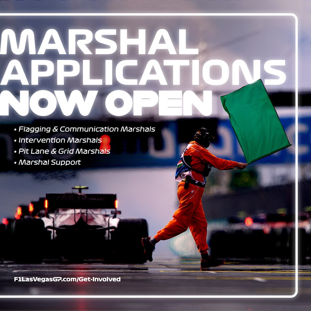 F1LasVegas's tweet photo. Looking to get involved at the inaugural race? The #LasVegasGP is now accepting applications for experienced race marshals and marshal support service providers for the much-anticipated race weekend November 16-18.

🏁 https://t.co/sHVITWu00b https://t.co/Ka6puS5GDL