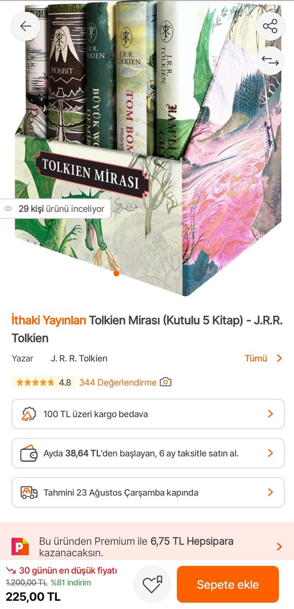 Almak için İndirime girmesini bekleyen varsa Tolkien mirası seti hepsiburada da 225 tlye düşmüş