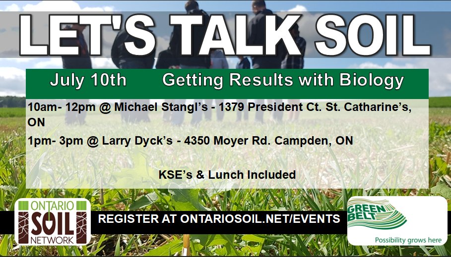 Join <a href="/CampdenGrain/">Larry Dyck</a>  <a href="/StanglsEnviro/">Stangl's Enviro Lawn Care</a> and <a href="/RCarlow/">Ryan Carlow</a> on July 10th to talk biology within farming and learn about the <a href="/greenbeltca/">Greenbelt Foundation</a>'s Soil Health Testing Program.

Make sure to register for lunch:ow.ly/prGi50OSJ1U 
 #LetsTalkSoil #OntAg