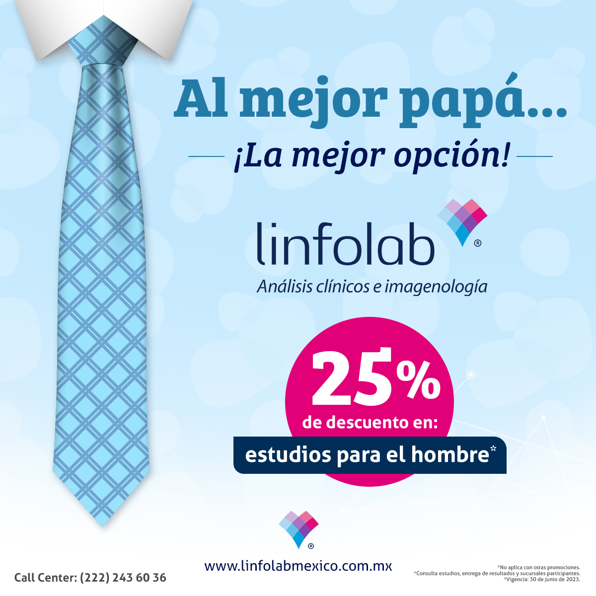 Aprovecha el 25% de descuento en estudios seleccionados para prevenir enfermedades:

🧔 Antígeno de próstata total y libre
🧔 Ultrasonido próstatico
🧔 Tele de tórax

Y más… 

¡Tú también dales el ejemplo!

#saluddelhombre #analisisclinicos #linfolab