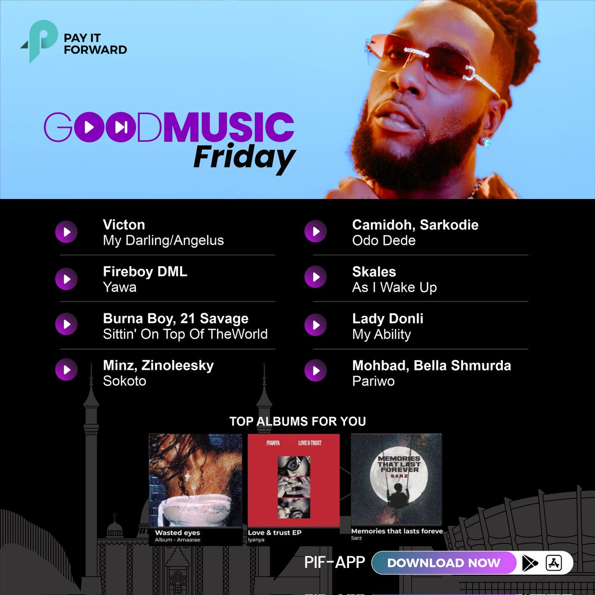 PIFAfrica's tweet photo. Good Music Friday is here! Check out our handpicked playlist of the week, filled with all the hottest tunes to kickstart your weekend.

Head to our bio for the Spotify and Apple Music links. Let the music move you! 

#pifme #pif #justpifit #music #GoodMusicFriday #WeekendVibes https://t.co/CHNnpYtV2E