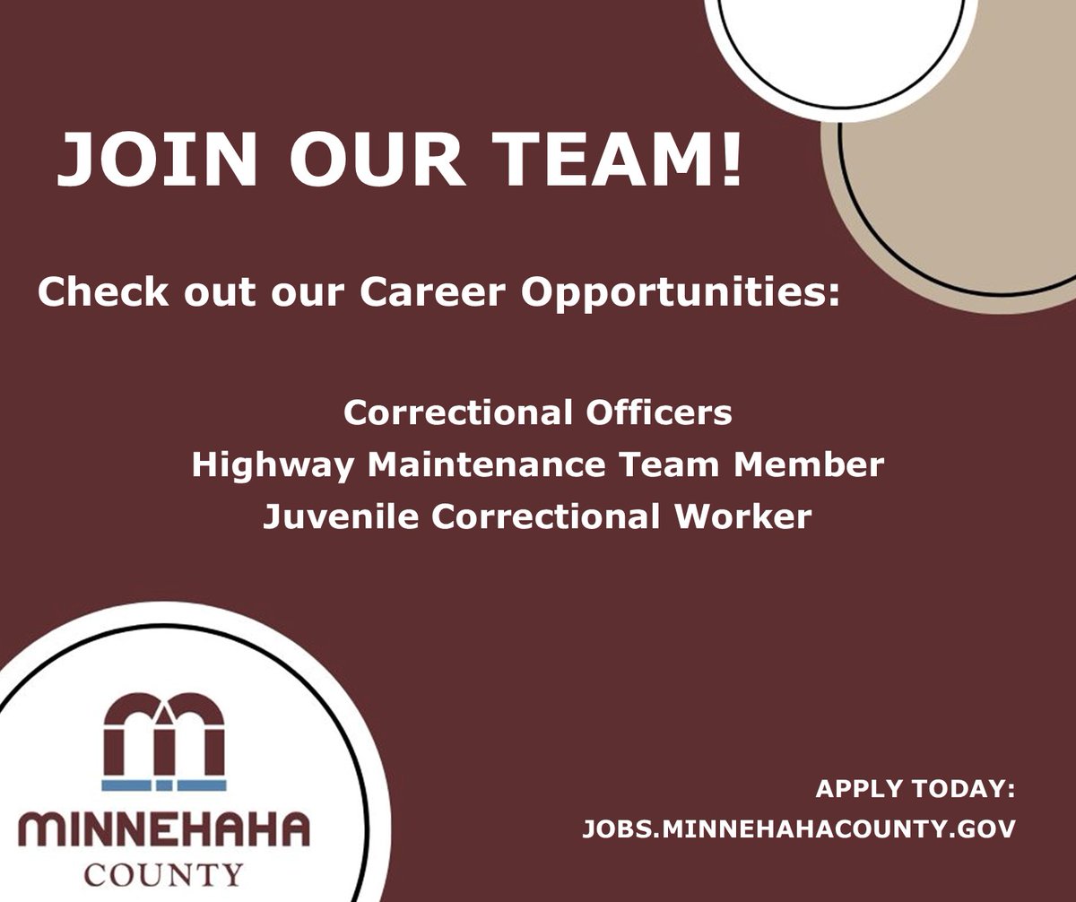 Learn more about Minnehaha County open positions and apply online at jobs.minnehahacounty.gov!

#governmentjobs #careeropportunities #werehiring #countyjobs