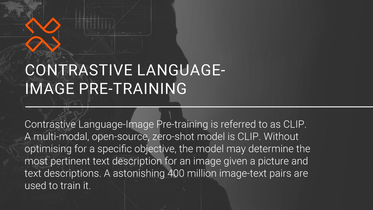 Contrastive Language-Image Pretraining is referred to as CLIP. The model may determine the most pertinent text description for an image given a picture and text descriptions. 

#clip #ai #artificialintelligence #model #images #xmarksthespot #pangaeax