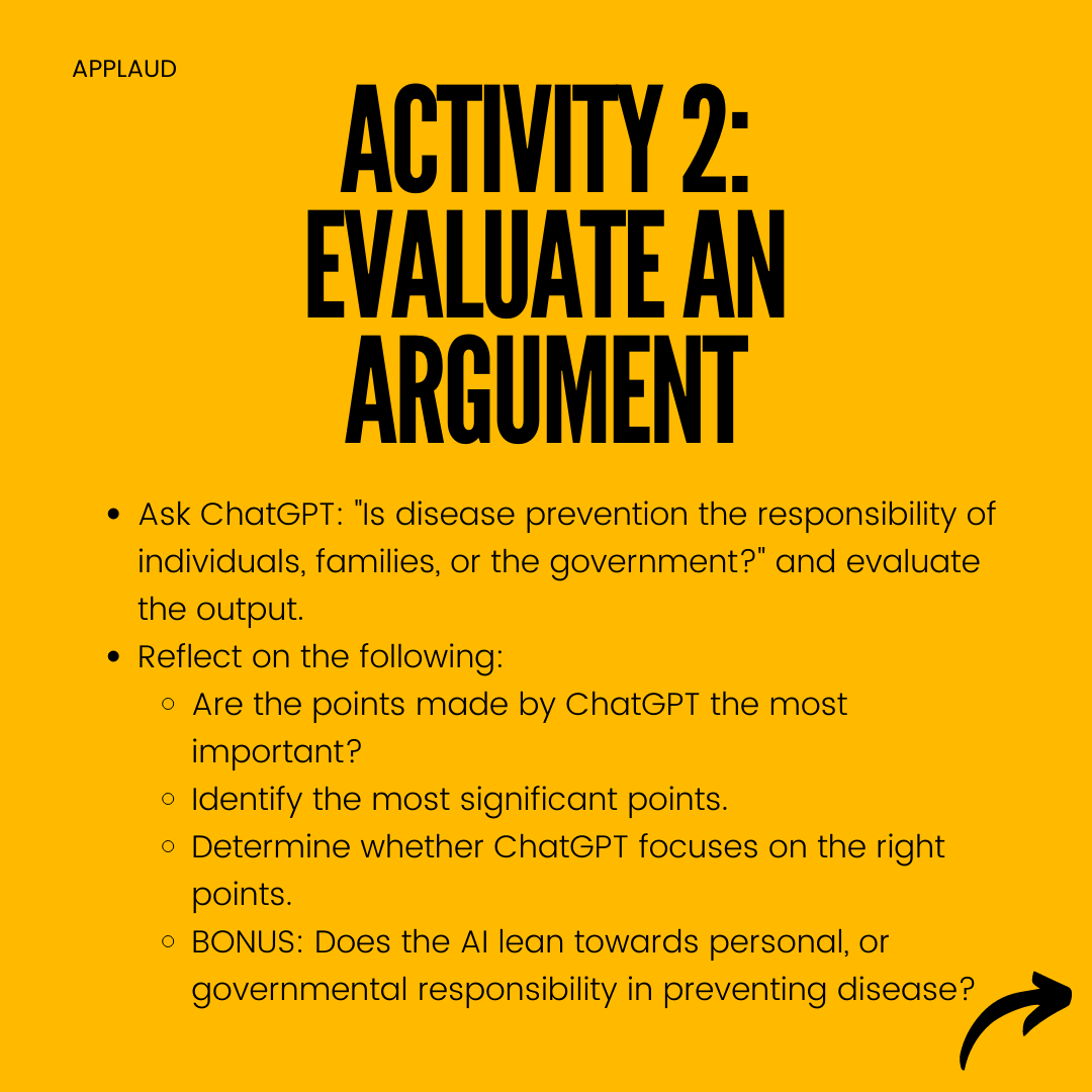 Applaud_Courses's tweet photo. Activity 2: Ask a chatbot to write a short essay on a topic, then critically evaluate the chatbot's answer. The perfect combo of AI and critical thinking! 📝#AIActivity https://t.co/gtCqOffrsz