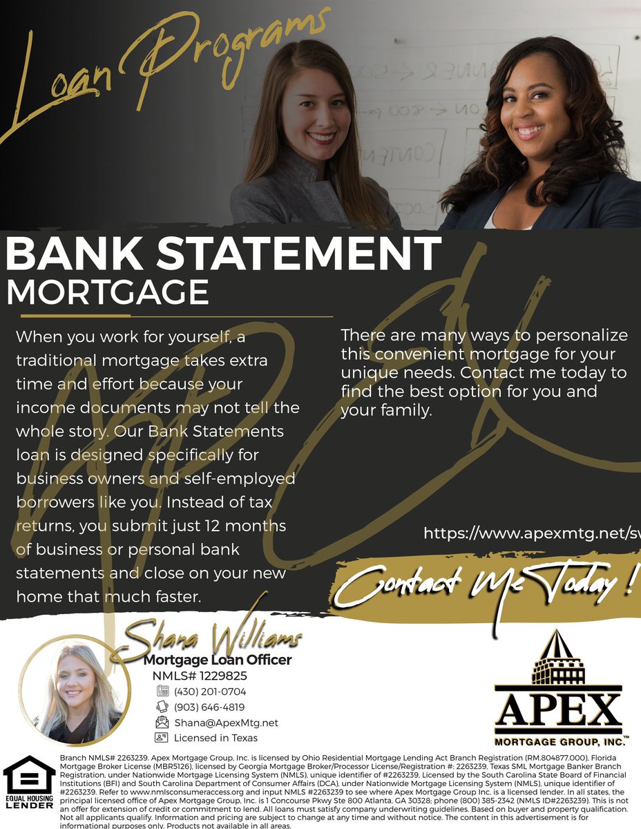 If you are self-employed and do not show all of your income, this is your way into homeownership. Homeownership is not far away.#ApexMortgageGroup #BankStatementExpert #TimeKillsDeals
#easttexasspecialist #HomeLoansSimplified

📞 me
903.646.4819