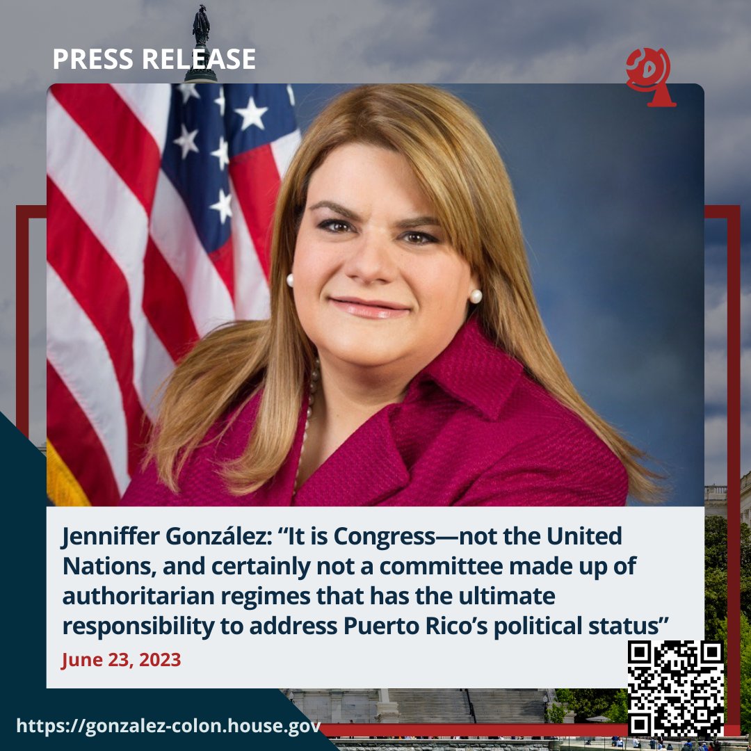 Press Release |  Jenniffer González: “It is Congress—not the United Nations, and certainly not a committee made up of authoritarian regimes that has the ultimate responsibility to address Puerto Rico’s political status”

Read more: gonzalez-colon.house.gov/media/press-re…