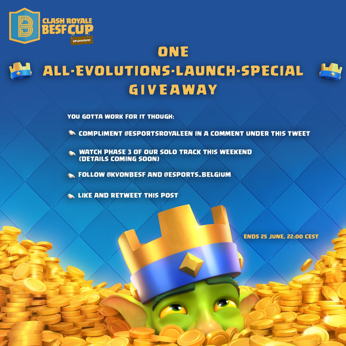 BESF Cup (@kvonbesf) on Twitter photo 💎 𝐀𝐥𝐥 𝐄𝐯𝐨𝐥𝐮𝐭𝐢𝐨𝐧𝐬 𝐋𝐚𝐮𝐧𝐜𝐡 𝐒𝐩𝐞𝐜𝐢𝐚𝐥 𝐆𝐢𝐯𝐞𝐚𝐰𝐚𝐲 💎
🔸️Compliment <a href="/EsportsRoyaleEN/">Clash Royale Esports</a> under this tweet 💕
🔸️Watch Phase 3 of our Solo Track 👀
🔸️Follow <a href="/KvonBESF/">BESF Cup</a> & <a href="/Esports_Belgium/">BESF | Belgian Esports Federation asbl/vzw</a> ✅
🔸️Like & Retweet this post (❤+🔄) 💎 𝐀𝐥𝐥 𝐄𝐯𝐨𝐥𝐮𝐭𝐢𝐨𝐧𝐬 𝐋𝐚𝐮𝐧𝐜𝐡 𝐒𝐩𝐞𝐜𝐢𝐚𝐥 𝐆𝐢𝐯𝐞𝐚𝐰𝐚𝐲 💎
🔸️Compliment <a href="/EsportsRoyaleEN/">Clash Royale Esports</a> under this tweet 💕
🔸️Watch Phase 3 of our Solo Track 👀
🔸️Follow <a href="/KvonBESF/">BESF Cup</a> & <a href="/Esports_Belgium/">BESF | Belgian Esports Federation asbl/vzw</a> ✅
🔸️Like & Retweet this post (❤+🔄)