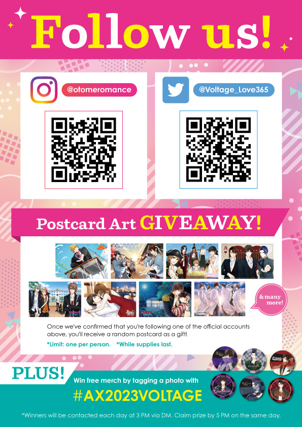 Voltage_Love365's tweet image. Use #AX2023VOLTAGE to post pictures of our booth to get a ✨FREE random button badge!✨

Plenty of beautiful designs, so don&apos;t miss out!

Plus, we&apos;re giving away free stuff to those who follow us on social media, so if you do, stop by!

#AnimeExpo #Tadaima #ただいま