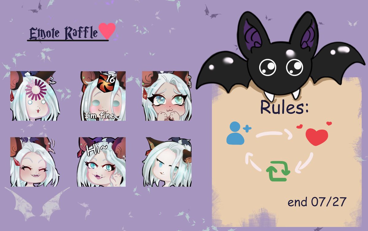 Hii~I need some emote's examples for my ko-fi, so what better than an emote #raffle ? :D 
so here is my very first ,the rules are simple:
🦇follow
🦇like
🦇retweet
🦇drop your reference (optional but appreciated)

ends 07/27 🥰
i will choose 5 winners !

#artraffle #VTuberAssets