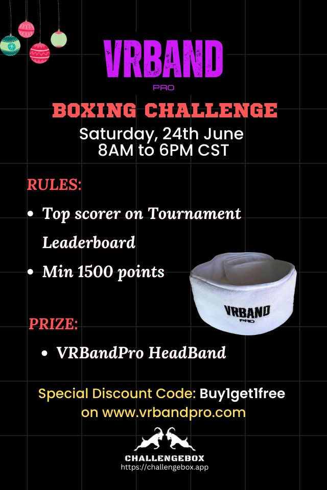 Win a #VRBandPro tomorrow on ChallengeBox. 
Download for free on #Quest
.

#virtualrealityfitness
#vrfitness 
#vrsports
#vrworkout
#VRHealth
#ActiveVR
#vrfit
#vrgame
#vr 
#mr 
#xr 
#virtualreality 
#quest
#oculus 
#fitness 
#vrgaming 
#mixedreality 
#workout 
#FitnessMotivation