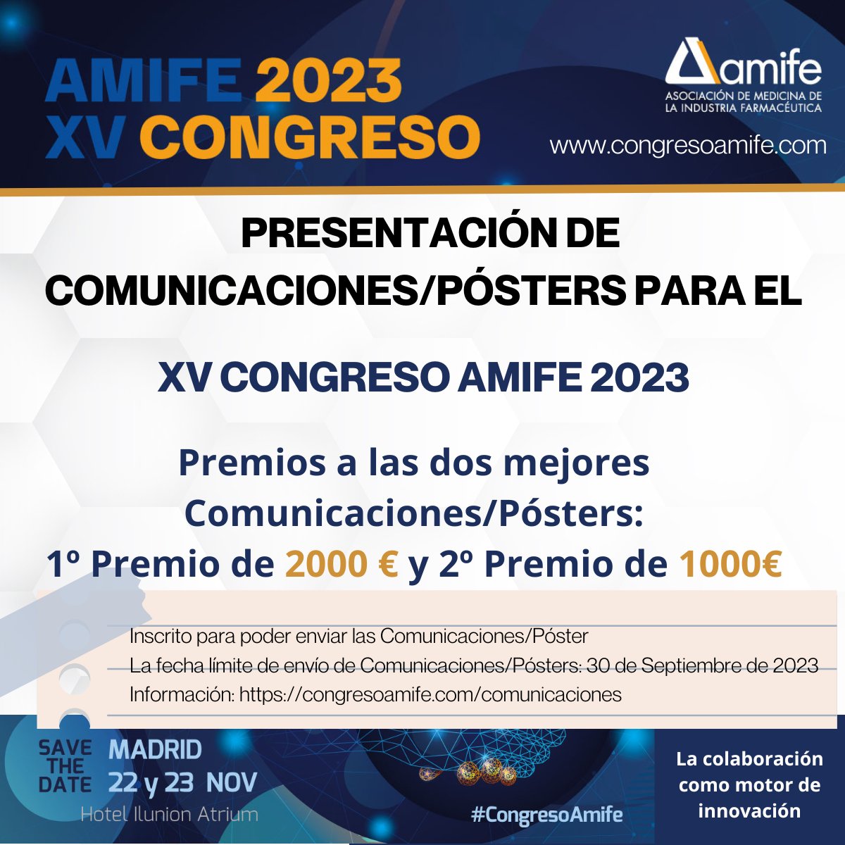asociacionamife's tweet photo. Comparte tu conocimiento con los profesionales de la #medicinafarmaceutica y presenta una comunicación/póster en el XV #CongresoAmife, 22 y 23 de noviembre en #Madrid.
🏆 Dos premios: 2000€ primero y 1000€ segundo clasificado
Más información en: https://t.co/xmogR68WLY https://t.co/cwEDYtDg2K