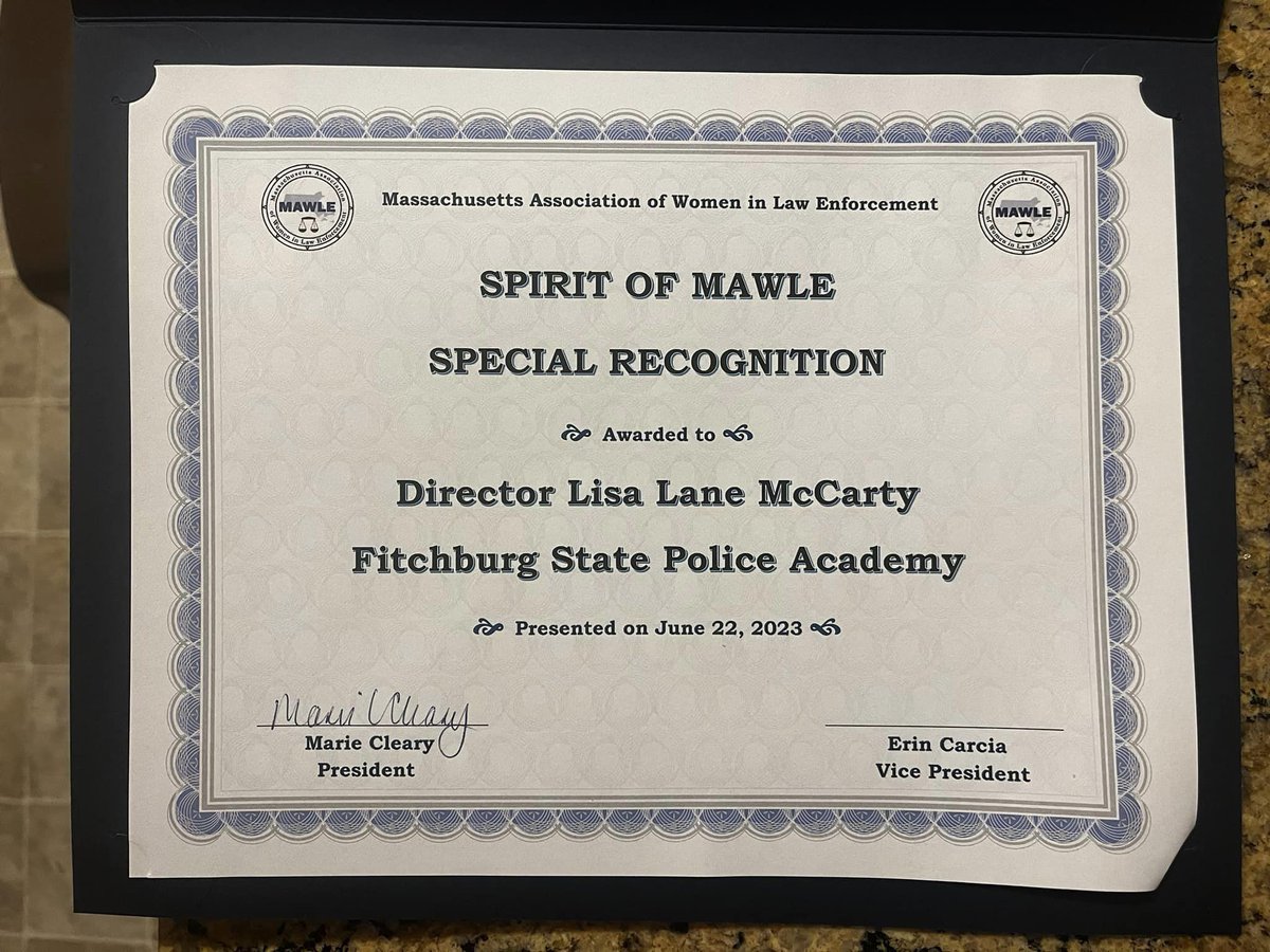 MassMPTC's tweet photo. Congratulations to Academy Director Lisa Lane McCarty of the @StateFitchburg  Police Academy who received the Spirit of @MAWLE1 Special Recognition at the Massachusetts Association of Women in Law Enforcement’s annual awards! We applaud this wonderful accomplishment! https://t.co/Apj3wdPRpr