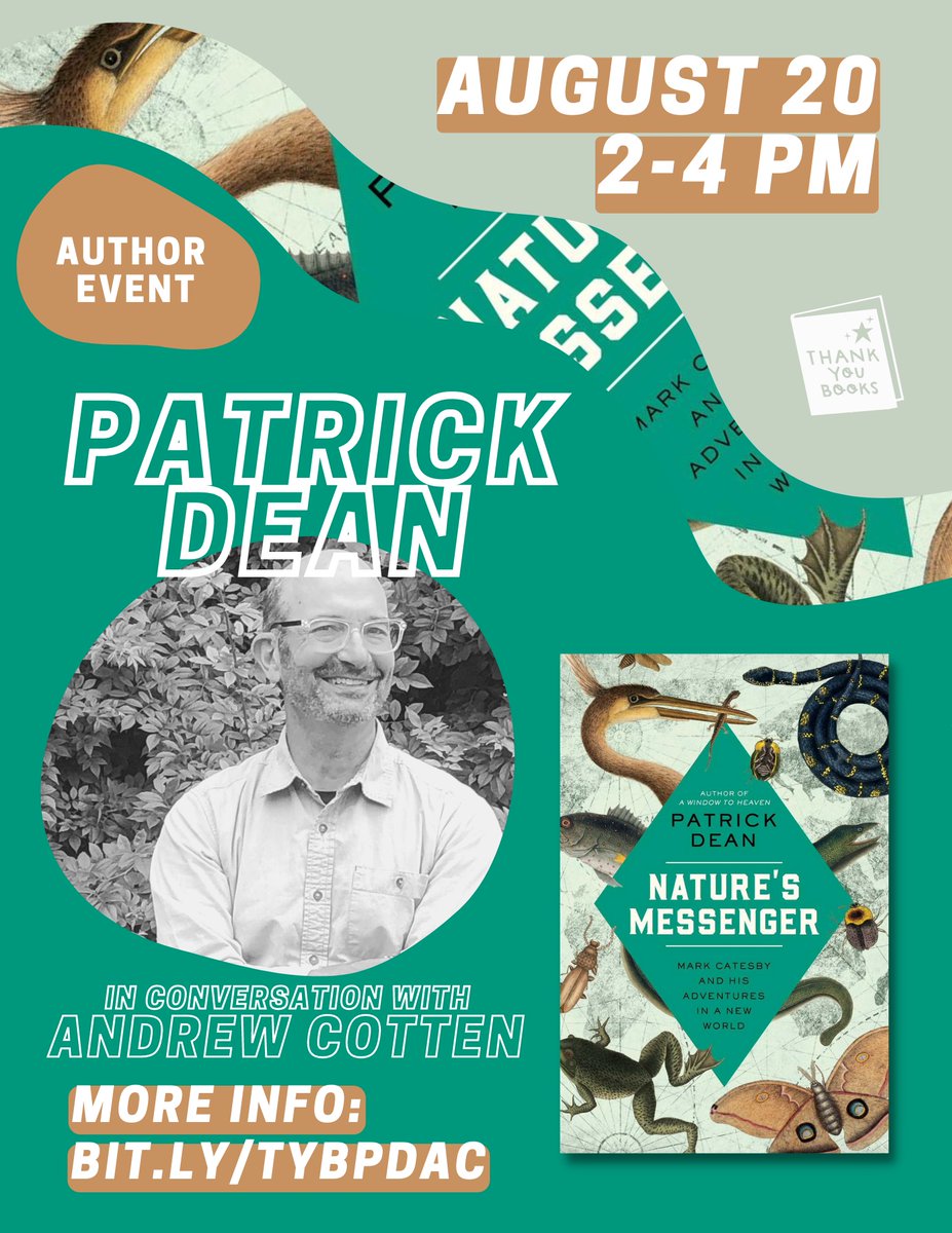 Pegasus Books (@pegasus_books) on Twitter photo Birdwatchers, botanists, wildlife lovers, rejoice! 🌿 Join <a href="/patrickldean/">Patrick Dean</a>, author of NATURE'S MESSENGER, for an event at <a href="/thankyou_bham/">Thank You Books</a> (in conversation with Andrew Cotten) in Birmingham, Alabama on Sunday, August 20th! More info here: thankyoubookshop.com/events/27505 Birdwatchers, botanists, wildlife lovers, rejoice! 🌿 Join <a href="/patrickldean/">Patrick Dean</a>, author of NATURE'S MESSENGER, for an event at <a href="/thankyou_bham/">Thank You Books</a> (in conversation with Andrew Cotten) in Birmingham, Alabama on Sunday, August 20th! More info here: thankyoubookshop.com/events/27505