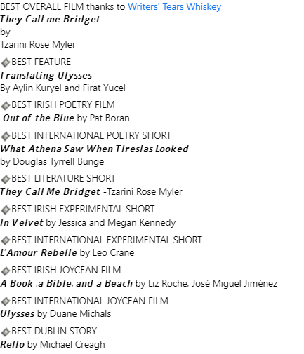 BloomsdayFF's tweet photo. A little reminder of all the wonderful winners of this years #BloomsdayFilmFestival awards which we announced last week.

Judging was NOT easy this year. We are very proud of all the submissions, selections and final winners
👏✨🏆
#Awards #bloomsday2023 https://t.co/mVu6baALwp