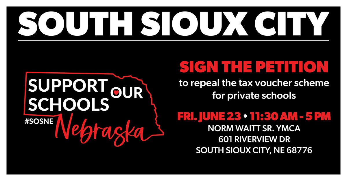 Sign the Petition! 
SOUTH SIOUX CITY
Petition Signing at Norm Waitt YMCA
Fri. June 23: 11:30 AM-5:00 PM
Norm Waitt Sr. YMCA, 601 Riverview Dr, South Sioux City, NE 68776
