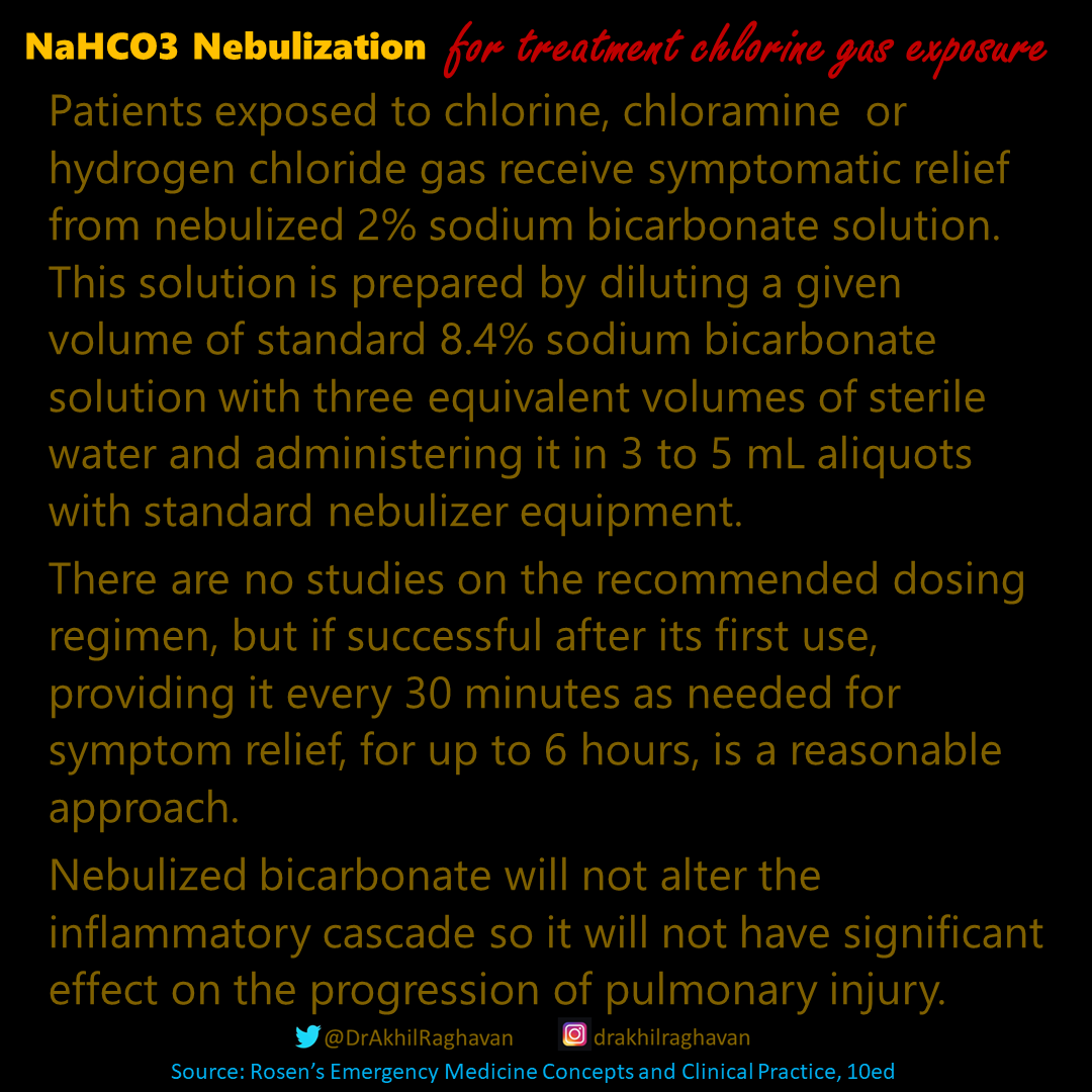 Nebulisation of NaHCO3 can be used in patients exposed to chlorine, chloramine or hydrogen chloride gas.