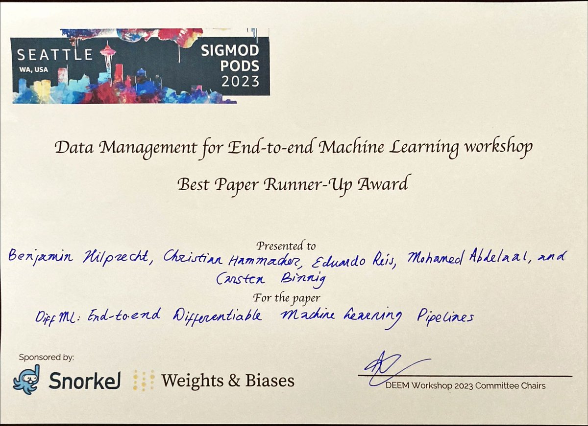 cbinnig's tweet image. .. and congrats to my students of @tuda_systems and our external collaborators @SoftwareAG who received the best paper (runner-up) at @deem_workshop #SIGMOD2023  for the work on &quot;DiffML: End-to-end Differentiable ML Pipelines&quot; 👇