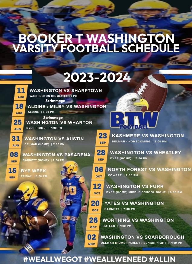 THE WAIT IS OVER!!! Booker T Washington Football Schedule has been released!!!
The 2023 EAGLES Football schedule is here!🔥 
We are fired up for the 2023 season! Come out this season and support the Golden Eagles!#WE ALL WE GOT!#WE ALL WE NEED!