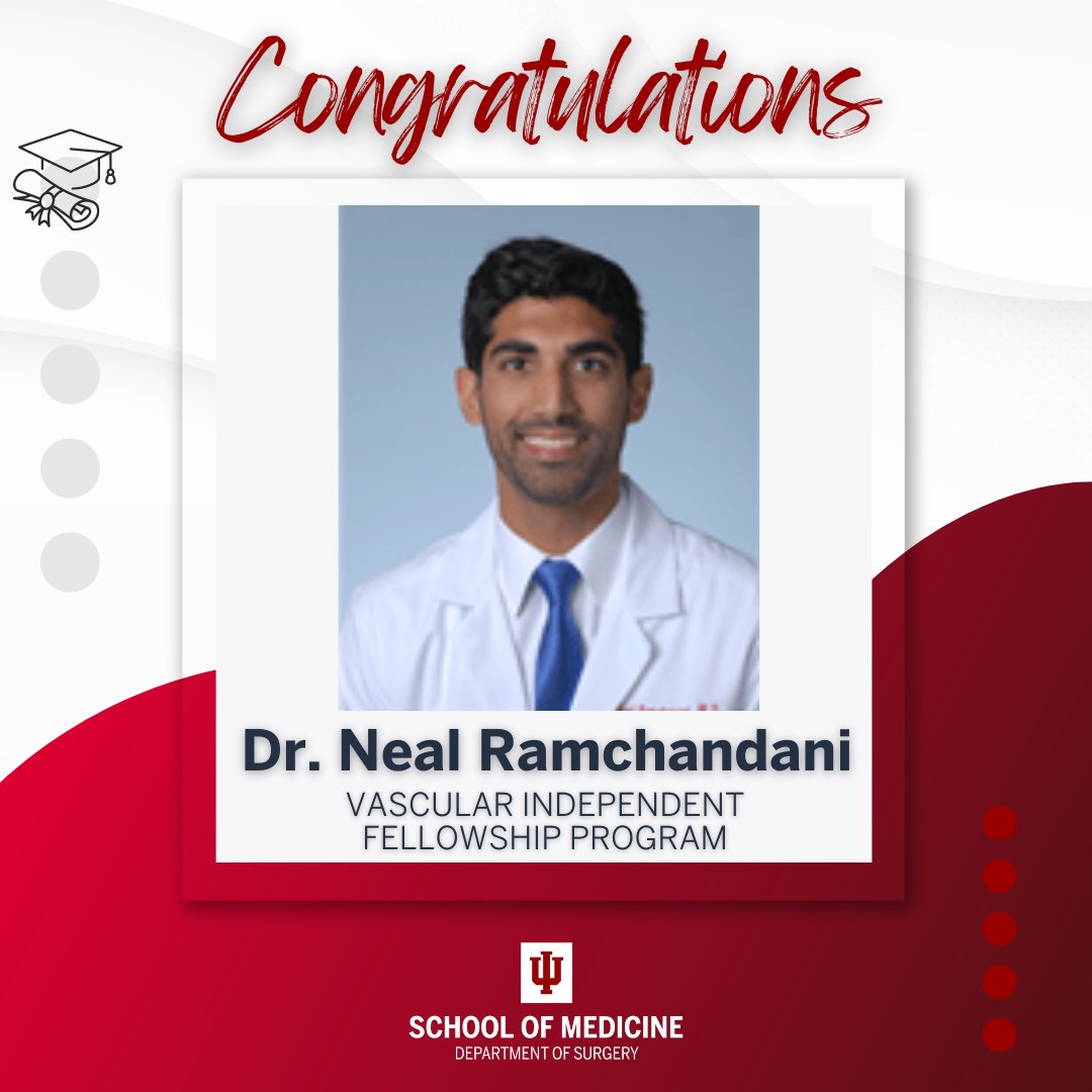 IU_Surgery's tweet photo. 🎉Congratulations to Dr. Neal Ramchandani on graduating from the Vascular Surgery Independent Fellowship Program.
We wish you much luck and success in your next endeavor!
@iu_vascular
#IUsurgery #IUVascularSurgery #2023GraduatingFellow https://t.co/KqohRyvUIi