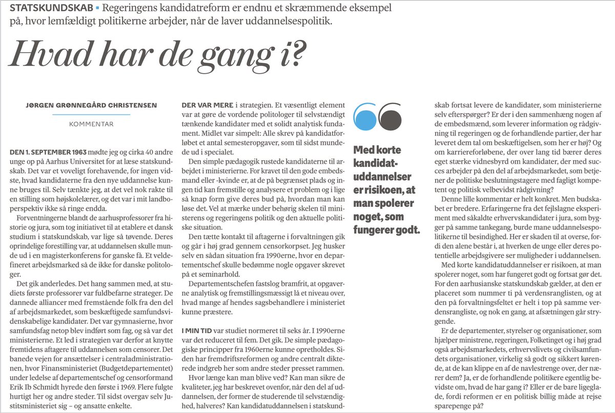 💰🪓 <a href="/regeringDK/">Regeringen</a> påtænkte forkortelse af kandidatuddannelsen er eksempel på, hvor “lemfældigt” politikerne laver #uddpol, skriver prof Jørgen Grønnegård Christensen i <a href="/weekendavisen/">Weekendavisen</a>. Uddannelsespolitik er reduceret til “arbejdsudbud” og “provenu” til andre politiske initiativer