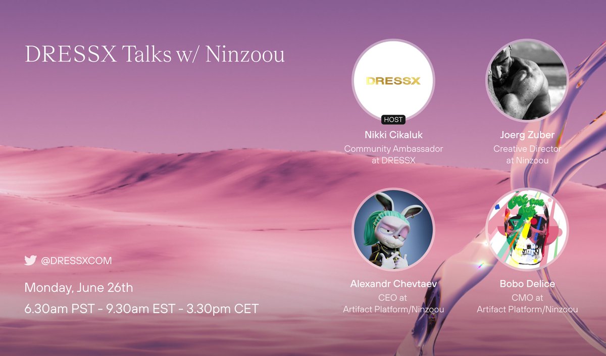 dressxcom's tweet photo. DRESSX Talks w/ @ninzoou 🫣

We are happy to welcome @JoergZuber @chevtaev_a and @bobodelice to DRESSX family and have an energetic conversation with our Community Ambassador @cikaluk_n 

📆 We start at 9.30am EST/3.30pm CET on Mon, June 26th 

Link to spaces below 👇 https://t.co/GNtZB2Wc1c