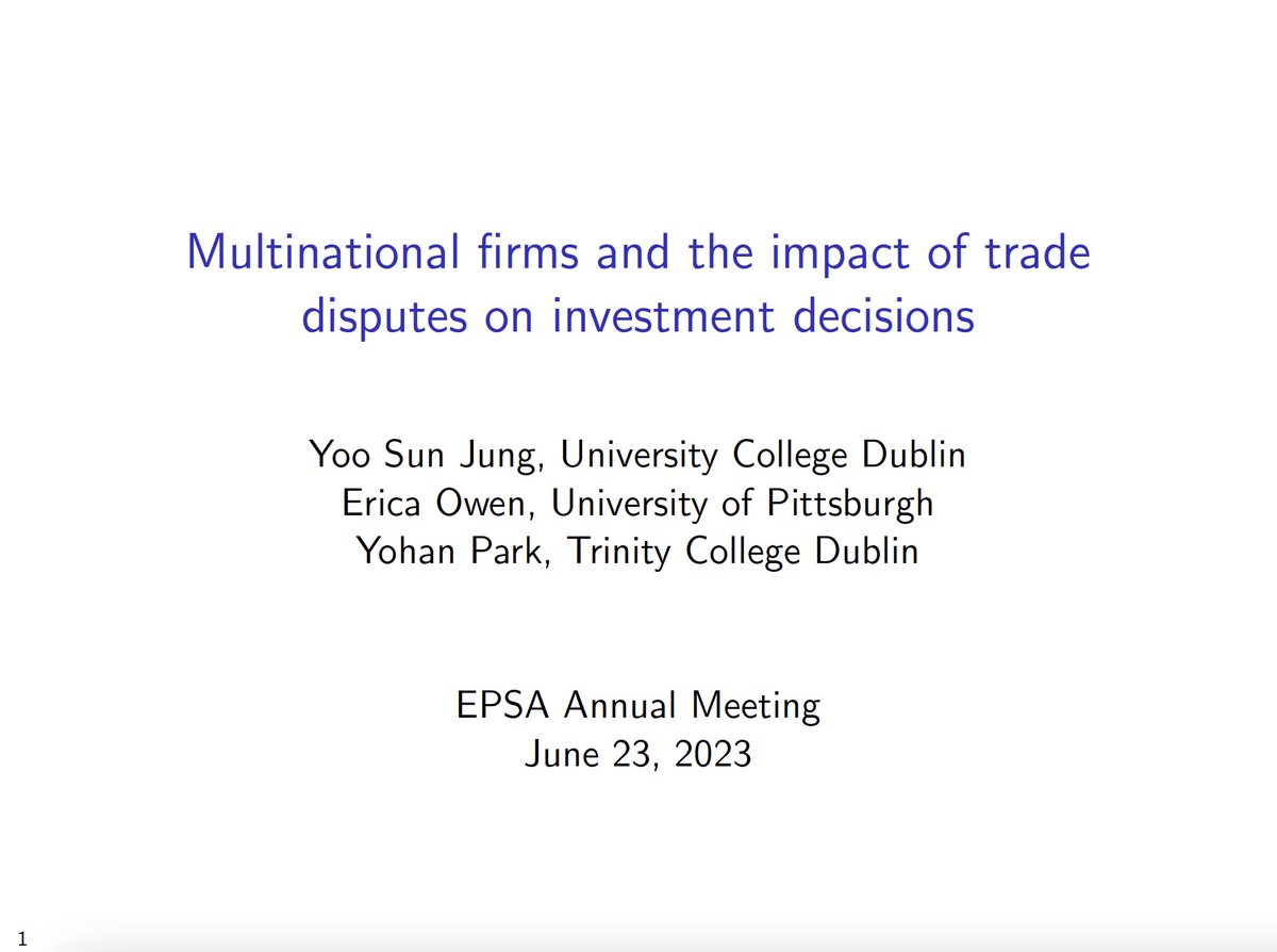 Yoo_Sun_Jung's tweet image. Feeling grateful to be at my first #EPSA2023 in Glasgow with my collaborators, @eopalmer320 and #twitterless Yohan Park. Happy to catch up with Texas A&amp;amp;M @BushSchool folks too! Presented on firm responses to trade disputes this morning. Thanks to our chair, discussant &amp;amp; audience!