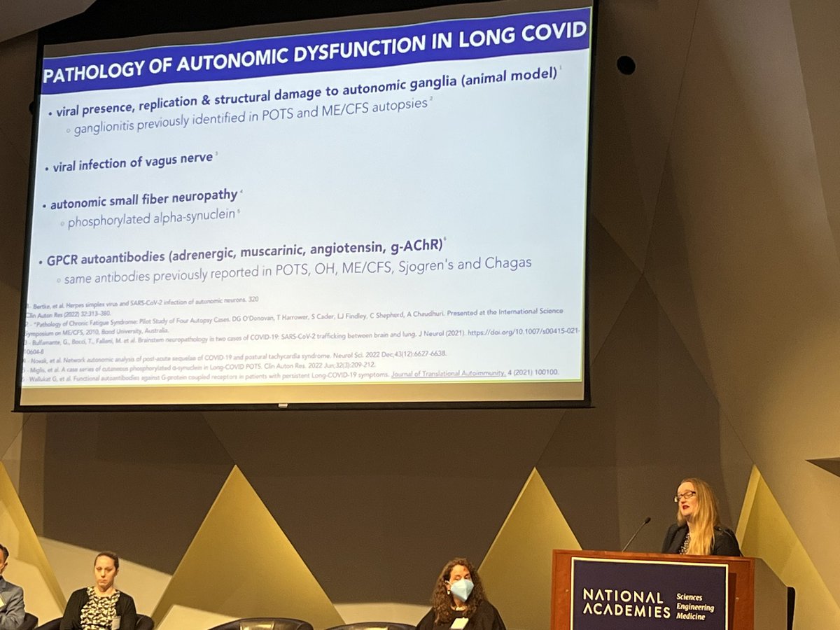 @patientled @Hopkins_PMR @AAPMR @PMRJournal @dysclinic 15/ Laura Stiles of @Dysautonomia discusses pathophysiology… 
- Ganglionitis seen at autopsy before. 
- Viral infection of vagus nerve.
- Autonomic small fiber neuropathy. (And will there be neurodegenerative disease later)
- GPCR autoantibodies. 

We need a way to research this