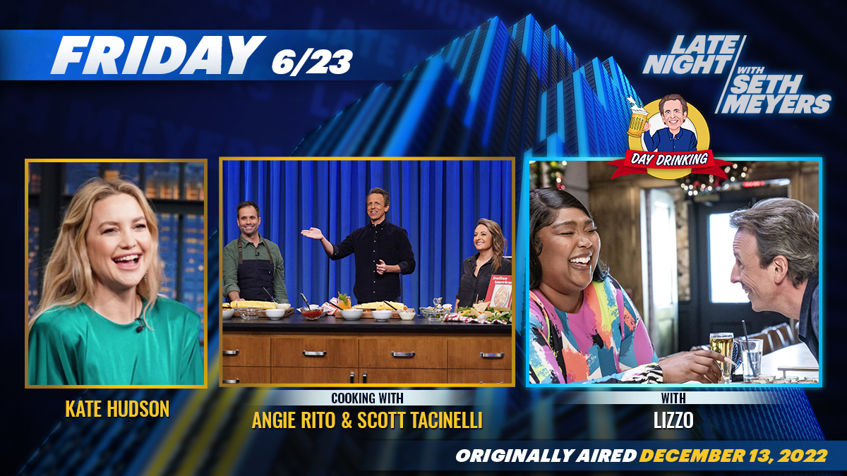 LateNightSeth's tweet photo. On tonight’s #LNSM broadcast, it’s last call for #DayDrinkingWeek with @lizzo! Plus, @SethMeyers chats with Kate Hudson and cooks with Angie Rito &amp; Scott Tacinelli. https://t.co/2RdTWXiXh2