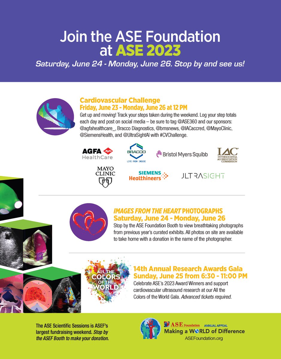 Safe travels to everyone heading to #ASE2023 this weekend! Make sure to stop by the #ASEFoundation booth! While you’re there, you can sign up for the #CVChallenge, view photos of past Images from the ❤ exhibits, pick up your Gala seat card, & donate of course! #FoundationFriday