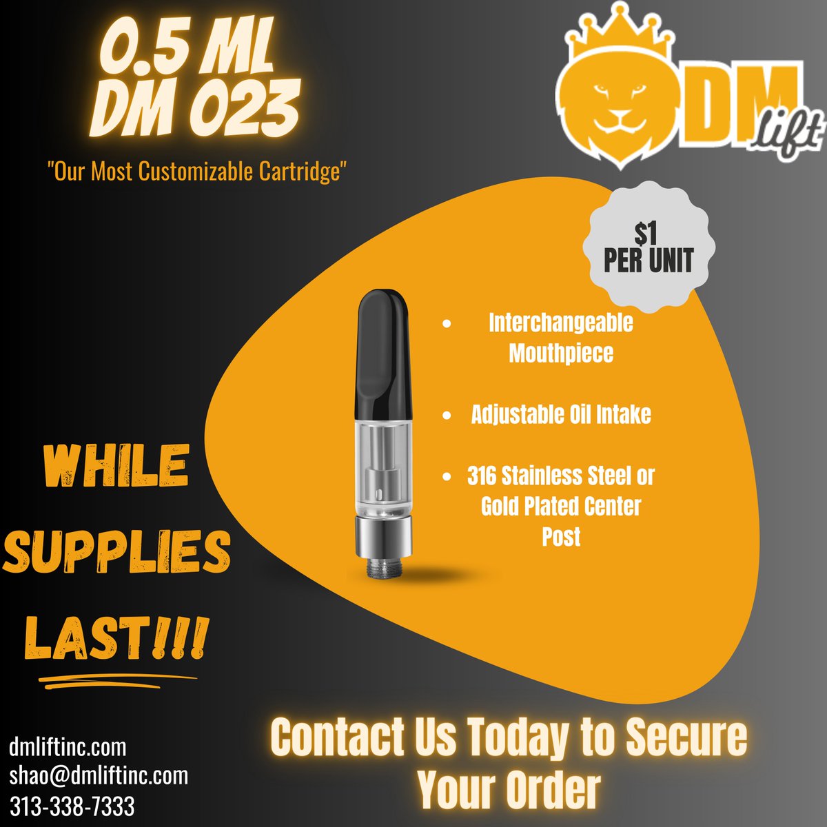 DMLift_inc's tweet photo. 0.5 mL cartridges on sale now! Looking to launch your newest strain? We have the perfect cartridge to accentuate your brand. Limited supply only. Contact us: https://t.co/dQlAAcBYS4
#cannabis #cannabiscommunity #vape #b2b #sale #limitedsupply #dmlift #cannabisbusiness #305farms https://t.co/zgT13S5DAA
