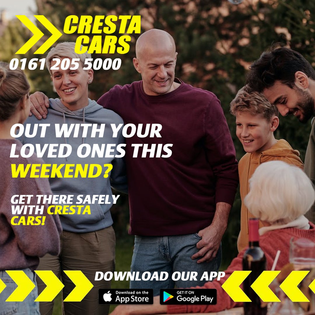Getting together with your loved ones this weekend? Get there safely with Cresta Cars today.

Download the app to beat the call queues onelink.to/crestacarstaxi
0161 205 5000
Crestacars.co.uk
.
.
.
.
#weekend #crestacars