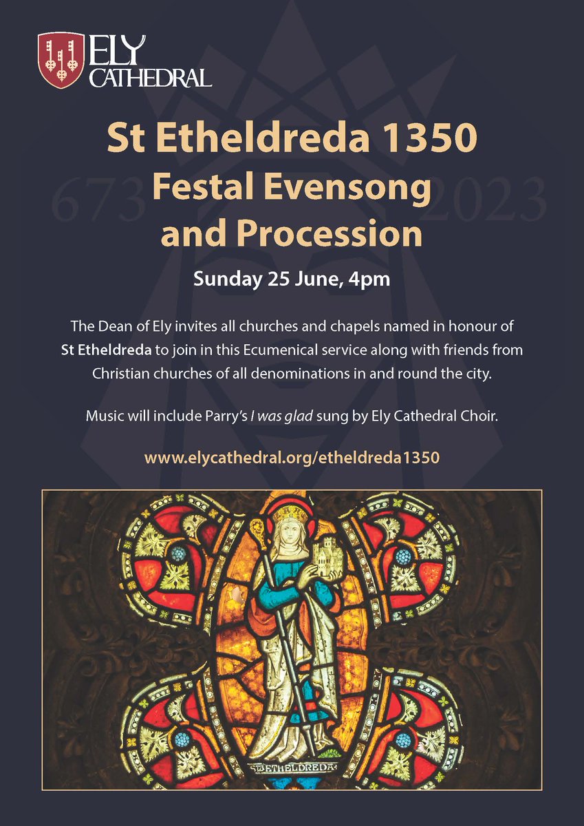 Diocese of Ely (@dioceseofely) on Twitter photo Festal Evensong and Procession - Sunday 25 June, 4pm at <a href="/Ely_Cathedral/">Ely Cathedral</a>
The Dean of Ely has invited all churches and chapels named in honour of St Etheldreda to join in this Ecumenical service along with friends from Christian churches of all denominations in and round our city. Festal Evensong and Procession - Sunday 25 June, 4pm at <a href="/Ely_Cathedral/">Ely Cathedral</a>
The Dean of Ely has invited all churches and chapels named in honour of St Etheldreda to join in this Ecumenical service along with friends from Christian churches of all denominations in and round our city.