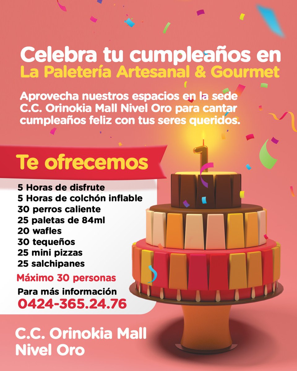 Paleartesanal's tweet photo. Celebra un cumpleaños diferente en La Paletería Artesanal &amp; Gourmet del c.c. Orinokia Mall (Puerto Ordaz) 

Más Información: 0424-365.24.76 https://t.co/8MXDt8aVfY
