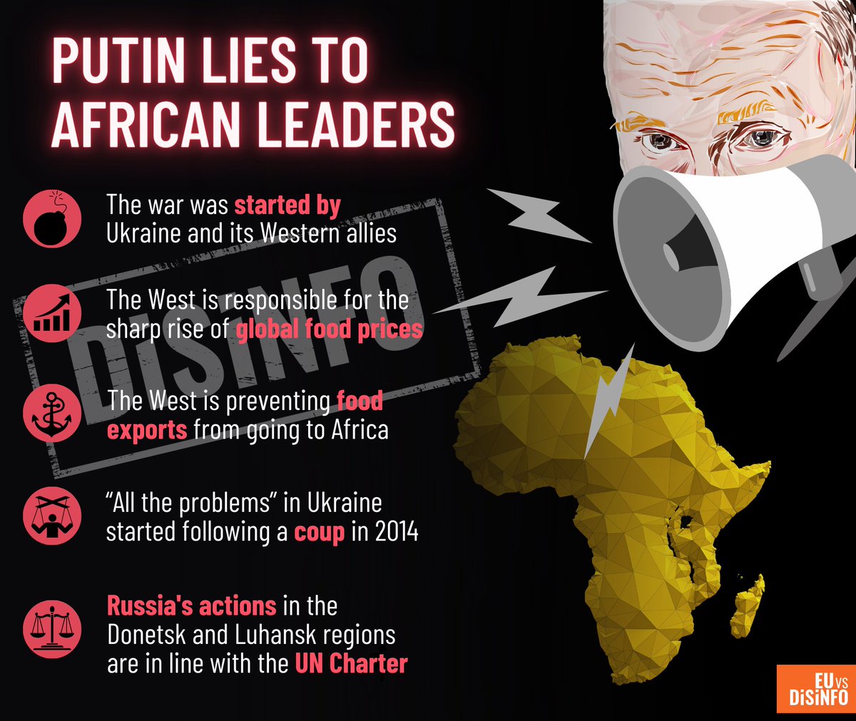 Putin blatantly lied to the African leaders visiting Russia, and  shamelessly pushed some of the most obvious pro-Kremlin #disinformation  narratives about Russia's war against Ukraine.
#DontBeDeceived