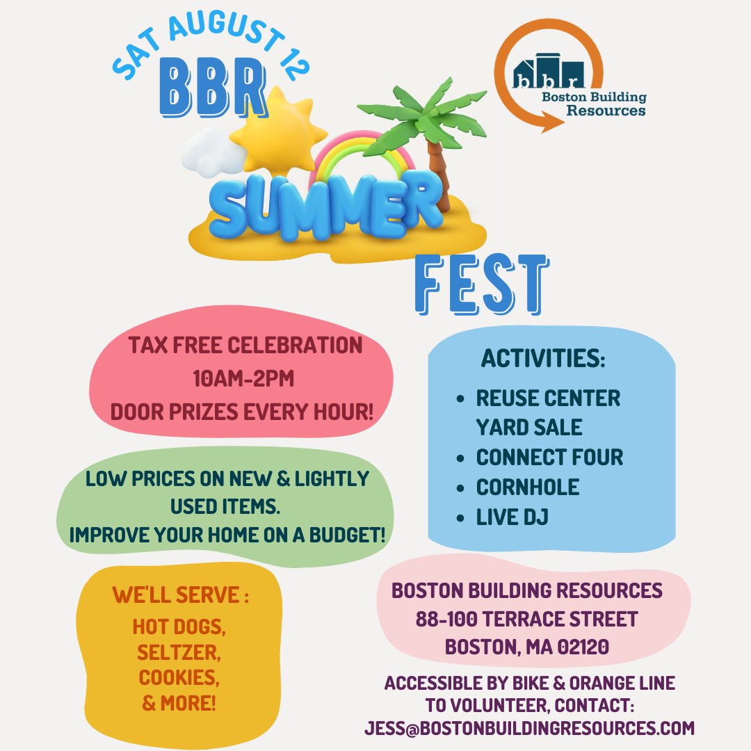 BBR is gearing up to celebrate the tax-free weekend! We will be hosting Summer Fest, a tax-free yard sale &amp; cookout on Saturday 8/12 from 10am-2pm. We'll have a DJ, games and prizes.

We need 8-10 volunteers to make this happen! If you're interested in helping out, email Jess.